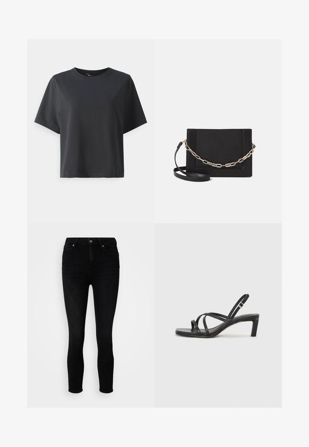 Juodas medvilnės marškinėliai, trumpomis rankovėmis, apvaliu kaklu, laisvas kirpimas, lygus paviršius, paprastas dizainas, be raštų ar akcentų.; ONLY Petite ONLPOWER MID PUSH UP - Aptempti džinsai - washed black; Juodi šlepetės su kvadratiniu pirštu ir žemu bloku kulnu. Yra keli ploni dirželiai ir reguliuojamas kulkšnies diržas. Pagaminti iš lygios odos.; Juodas odinis per petį nešiojamas krepšys turi lygų paviršių, stačiakampio formą ir metalinę grandinėlę priekyje. Pridedama reguliuojama dirželis.