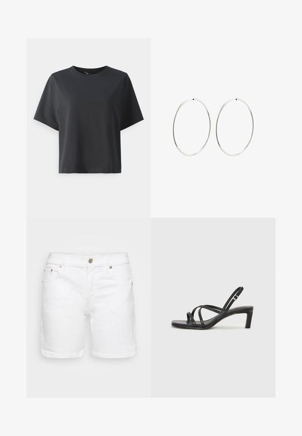 Melnas kokvilnas t-krekls, īsām piedurknēm, apaļš kakls, brīvs piegriezums, gluda tekstūra, vienkāršs dizains, bez rakstiem vai akcentiem.; Baltie džinsi šorti ar klasisku piecu kabatu dizainu, zelta toņu aprīkojumu un taisnu griezumu ar tīru apdari pie apakšmalas.; Melnas strappy sandales ar kvadrātveida purngaliem un zemu bloku papēdi. Ievērojamas ar vairākiem plāniem siksniņām un regulējamu potītes siksniņu. Izgatavotas no gludas ādas.; Sudraba riņķa auskari ar gludu, apaļu dizainu un pulētu apdari. Tie ir plāni un viegli, ar vienkāršu aizdari.