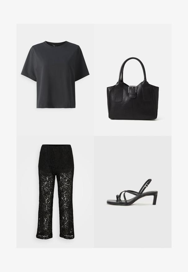T-shirt en coton noir, à manches courtes, col ras du cou, coupe décontractée, texture lisse, design simple, sans motifs ni accents.; Pantalons larges en dentelle noire avec doublure en dessous opaque, motif floral et taille élastique sur fond uni.; Sandale noire à lanières avec un bout carré et un petit talon bloc. Elle présente plusieurs fines lanières et une sangle de cheville ajustable. Fabriquée en cuir lisse.; Sac fourre-tout en cuir noir avec une texture lisse, une forme structurée, deux poignées et un détail en boucle argentée proéminent à l'avant.