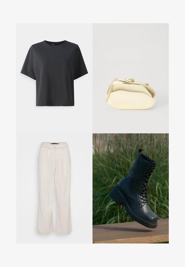 Black cotton t-shirt, short sleeves, crew neck, relaxed fit, smooth texture, simple design, no patterns or accents.; Beige linen trousers with a high waist, pleated front, and wide legs. Features a clean-cut design and textured fabric for breathability.; Black leather ankle boots with a round toe, lace-up front, and thick, chunky heel. Features detailed stitching and a smooth surface texture.; Metallic gold clutch with a smooth, rounded shape, featuring a top button clasp and a small chain strap for carrying.
