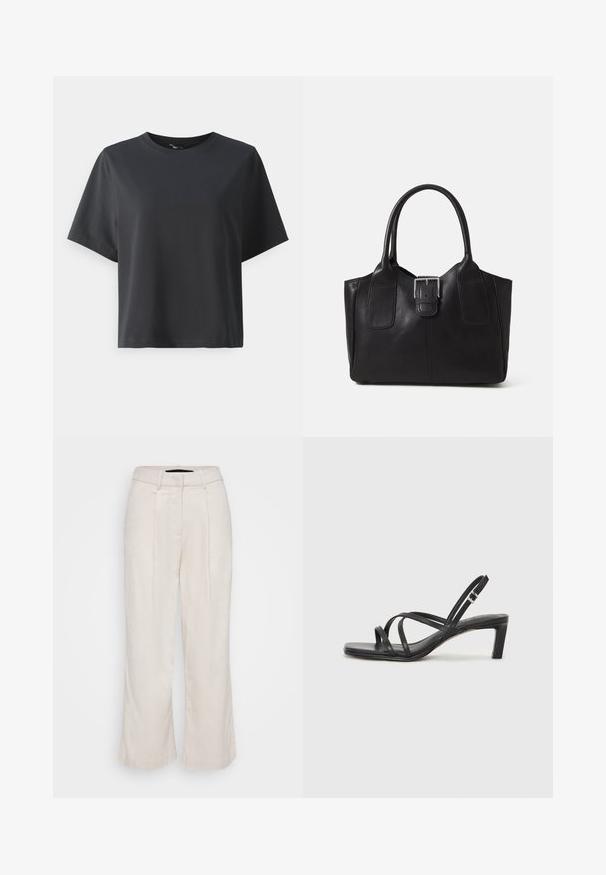 Črna bombažna majica, kratki rokavi, krojeni ovratnik, sproščenega kroja, gladka tekstura, preprost dizajn, brez vzorcev ali dodatkov.; Bež lanene hlače z visokim pasom, povešeno spredaj in širokimi nogavicami. Imajo brezhibno zasnovo in teksturirano tkanino za zračnost.; Črne natikače s trakovi in kvadratnim prstom ter nizkim blokastim peto. Imajo več tankih trakov in nastavljiv trak okoli gležnja. Narejene so iz gladkega usnja.; Črna usnjena torba s gladko teksturo, strukturirano obliko, dvema ročkama in izrazitim srebrnim sponko na sprednji strani.