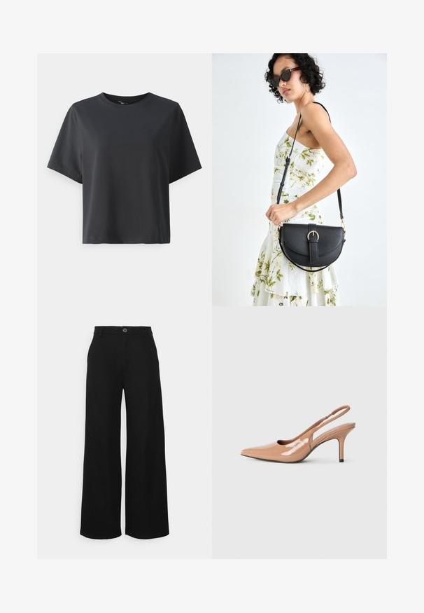 Melnas kokvilnas t-krekls, īsām piedurknēm, apaļš kakls, brīvs piegriezums, gluda tekstūra, vienkāršs dizains, bez rakstiem vai akcentiem.; Even&Odd Petite Auduma bikses - black; Nude patent ādas slingback zamšs ar smailu purngalu, atvērtu sānu dizainu un 7 cm stiletto papēdi. Melna akcents uz papēža bāzes.; Melnas ādas rokassoma ar izliekta formu, noņemamu siksnu un zelta aksesuāriem. Somai ir vāciņš ar sprādzes detaļu.