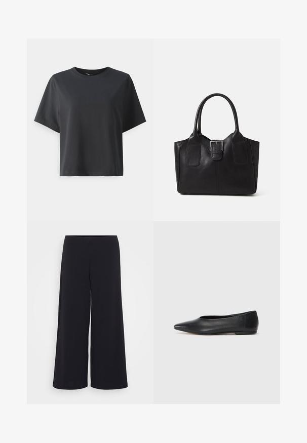 T-shirt en coton noir, à manches courtes, col ras du cou, coupe décontractée, texture lisse, design simple, sans motifs ni accents.; Pantalons larges noirs en tissu lisse, présentant une taille haute et une silhouette fluide, avec un design épuré et sans embellissement.; Ballerines noires en cuir, à bout pointu, design minimaliste, texture lisse, talon bas, sans matériel ni embellissements visibles.; Sac fourre-tout en cuir noir avec une texture lisse, une forme structurée, deux poignées et un détail en boucle argentée proéminent à l'avant.