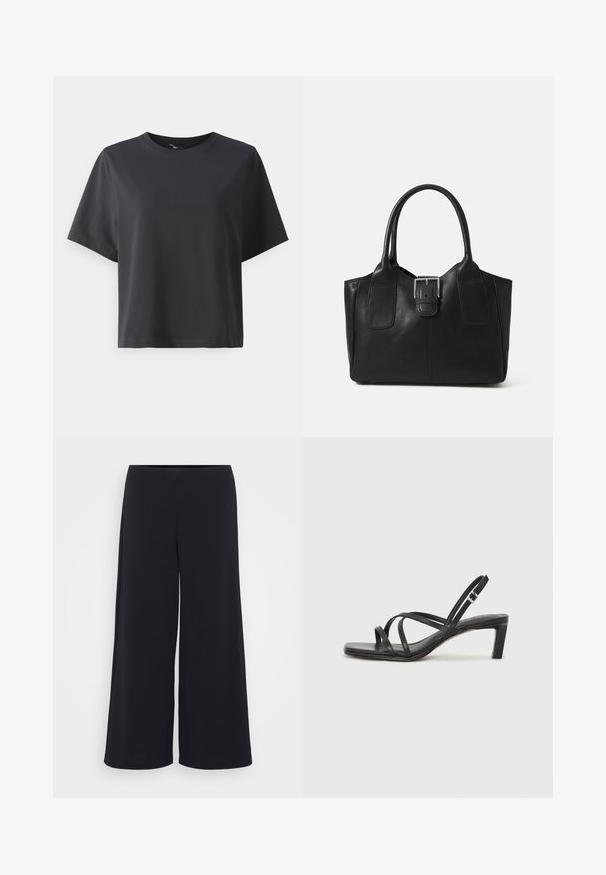 Fekete pamut póló, rövid ujjú, kerek nyakkivágású, laza szabású, sima textúrájú, egyszerű design, minta vagy kiegészítők nélkül.; Fekete, bő szárú nadrág sima anyagból, magas derékkal és lágy vonalakkal, letisztult, díszítések nélküli kivitelben.; Fekete pántos szandál négyzetes orral és alacsony blokk sarkal. Több vékony pánttal és állítható boka pánttal rendelkezik. Sima bőrből készült.; Fekete bőr bevásárlótáska sima textúrával, strukturált formával, két fogantyúval és egy figyelemfelkeltő ezüst csattal az elején.