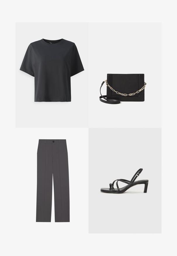 Črna bombažna majica, kratki rokavi, krojeni ovratnik, sproščenega kroja, gladka tekstura, preprost dizajn, brez vzorcev ali dodatkov.; Sive hlače s ravnim krojem, ki imajo dve stranski žep in gumbasto zapiranje. Gladek material brez vidnih vzorcev ali poudarkov.; Črne natikače s trakovi in kvadratnim prstom ter nizkim blokastim peto. Imajo več tankih trakov in nastavljiv trak okoli gležnja. Narejene so iz gladkega usnja.; Črna usnjena torba čez ramo z gladko teksturo, pravokotno obliko in kovinskim verižnim detajlom spredaj. Vključena je nastavljiva naramnica.