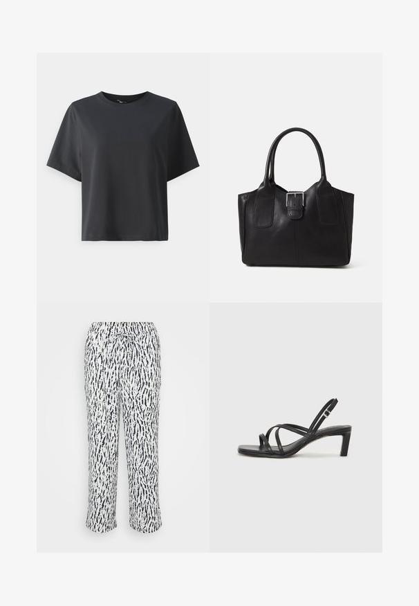 Must musträtik, lühikesed varrukad, ümar kaelus, vabalt lõigatud, sile tekstuur, lihtne disain, ilma mustrite või aksessuaarideta.; Pehmed, kergedest kangast valged püksid, millel on tumesinine abstraktne muster. Omab elastset värvelit ja paelaga, et sobivust reguleerida.; Mustast rihmajalatsid ruudukujulise varba ja madala ploki kontsaga. Omab mitmeid õhukesi rihmasid ja reguleeritavat pahkluu rihma. Valmistatud siledast nahast.; Mustgamma nahast kott, millel on sile tekstuur, struktureeritud kuju, kaks käepidet ja esiküljel silmapaistev hõbedane pandla detail.