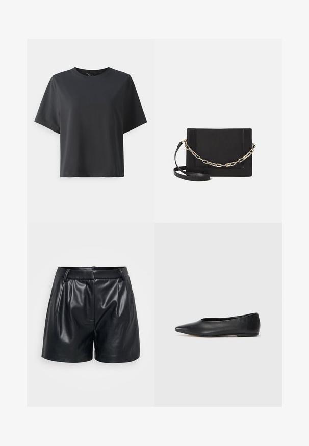 Fekete pamut póló, rövid ujjú, kerek nyakkivágású, laza szabású, sima textúrájú, egyszerű design, minta vagy kiegészítők nélkül.; Fekete bőr rövidnadrág sima textúrával, szabott kialakítással, elől pliszírozással és illeszkedő derékkal.; Fekete bőr balettcipő, hegyes orral, minimalista dizájn, sima textúra, alacsony sarkú, látható fémrész vagy díszítés nélkül.; Fekete bőr keresztpántos táska, sima textúrával, téglalap alakú és fém lánc részlettel az elején. Állítható pánttal ellátva.