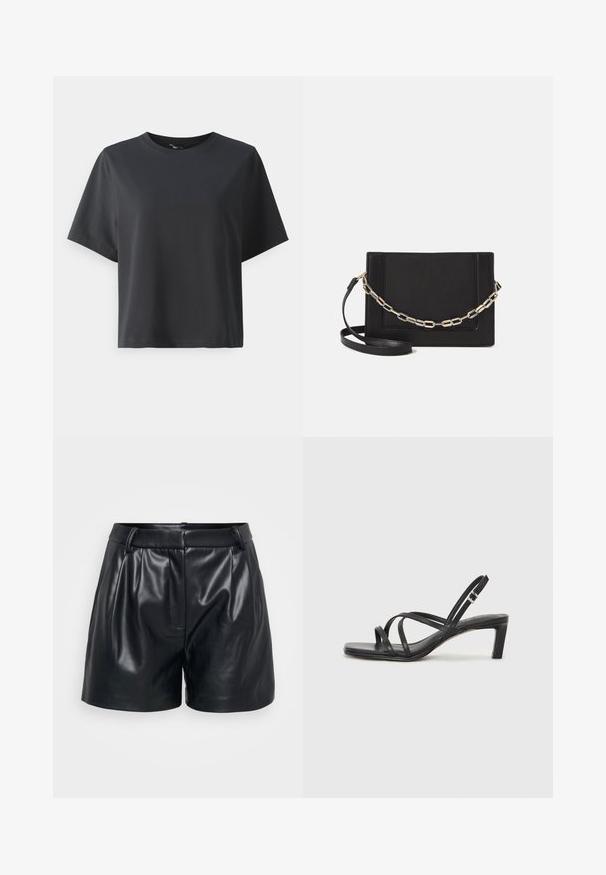 Črna bombažna majica, kratki rokavi, krojeni ovratnik, sproščenega kroja, gladka tekstura, preprost dizajn, brez vzorcev ali dodatkov.; Črne usnjene kratke hlače z gladko teksturo, ki imajo prilagojen dizajn, naborke spredaj in prilegajoč pas.; Črne natikače s trakovi in kvadratnim prstom ter nizkim blokastim peto. Imajo več tankih trakov in nastavljiv trak okoli gležnja. Narejene so iz gladkega usnja.; Črna usnjena torba čez ramo z gladko teksturo, pravokotno obliko in kovinskim verižnim detajlom spredaj. Vključena je nastavljiva naramnica.
