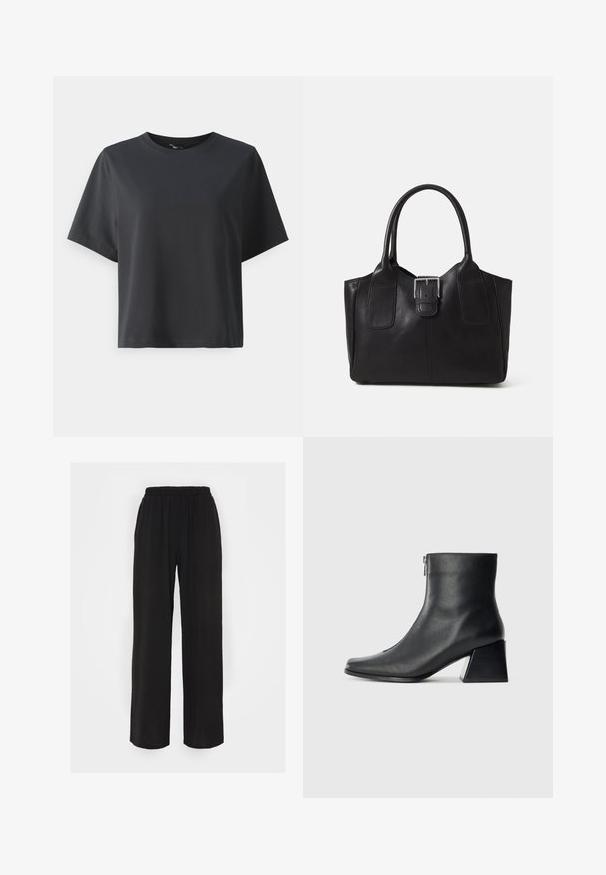 Black cotton t-shirt, short sleeves, crew neck, relaxed fit, smooth texture, simple design, no patterns or accents.; Black wide-leg pants with an elastic waistband, featuring a textured fabric and loose fit. Designed for comfort and ease of movement.; Black leather ankle boot with square toe, side zipper, and block heel against plain light background.; Black leather tote bag with smooth texture, structured shape, two handles, and a prominent silver buckle detail on the front.
