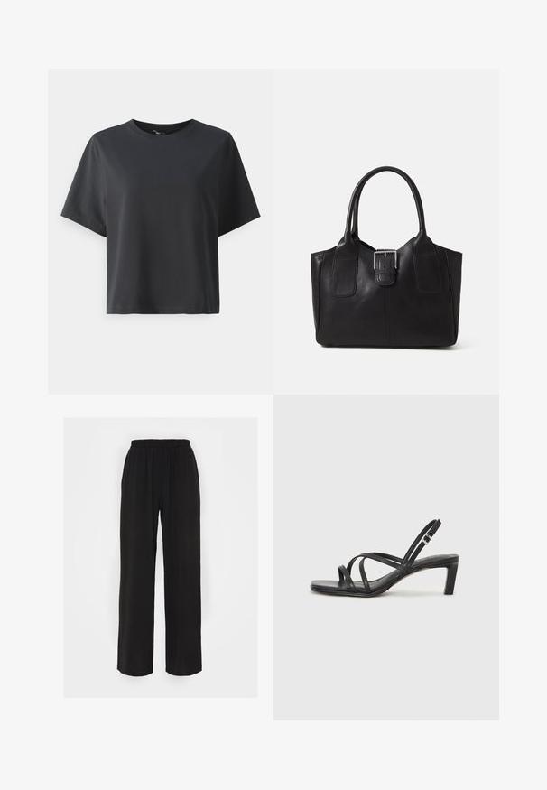 Black cotton t-shirt, short sleeves, crew neck, relaxed fit, smooth texture, simple design, no patterns or accents.; Black wide-leg pants with an elastic waistband, featuring a textured fabric and loose fit. Designed for comfort and ease of movement.; Black strappy sandal with a square toe and a low block heel. Features multiple thin straps and an adjustable ankle strap. Made of smooth leather.; Black leather tote bag with smooth texture, structured shape, two handles, and a prominent silver buckle detail on the front.