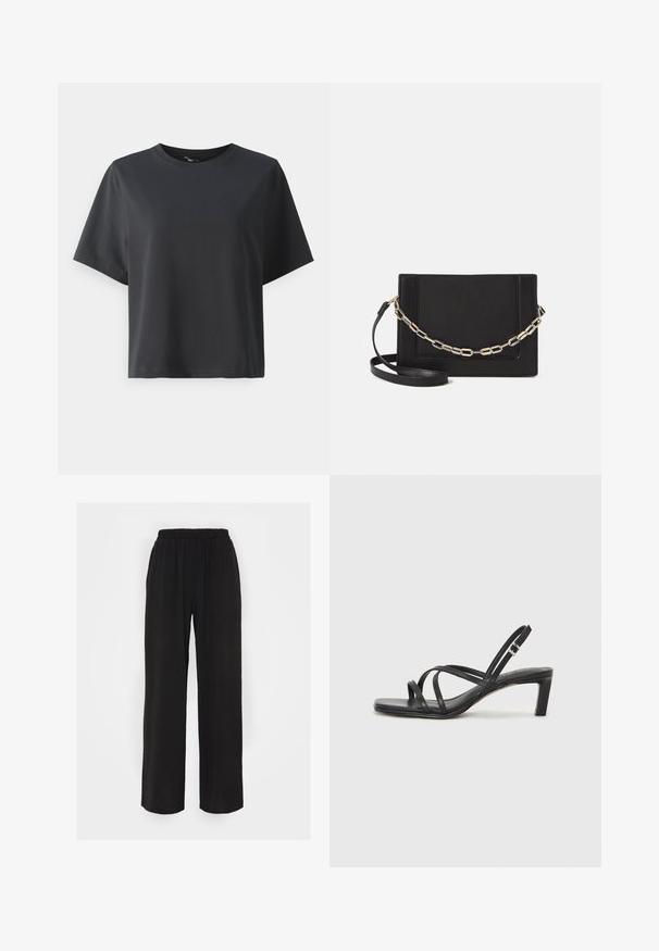 Black cotton t-shirt, short sleeves, crew neck, relaxed fit, smooth texture, simple design, no patterns or accents.; Black wide-leg pants with an elastic waistband, featuring a textured fabric and loose fit. Designed for comfort and ease of movement.; Black strappy sandal with a square toe and a low block heel. Features multiple thin straps and an adjustable ankle strap. Made of smooth leather.; Black leather crossbody bag featuring a smooth texture, rectangular shape, and a metallic chain detail on the front. Adjustable strap included.