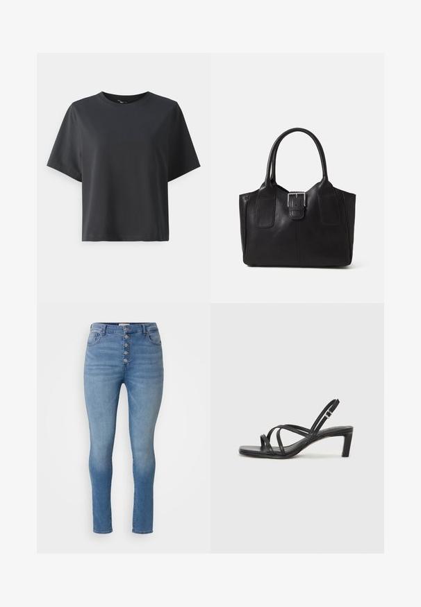 Crna pamučna majica, kratki rukavi, okrugli izrez, opušteni kroj, glatka tekstura, jednostavan dizajn, bez uzoraka ili naglasaka.; ONLY Carmakoma CARHUSH MID BUTTON BOX - Uske traperice - light blue; Crne sandale s trakama, kvadratnim prstom i niskom blok petom. Ima više tankih trakica i podesivu trakicu oko gležnja. Izrađene su od glatke kože.; Crna kožna torba za nošenje s glatkom teksturom, strukturiranim oblikom, dvije ručke i istaknutim srebrnim kopčanjem na prednjoj strani.