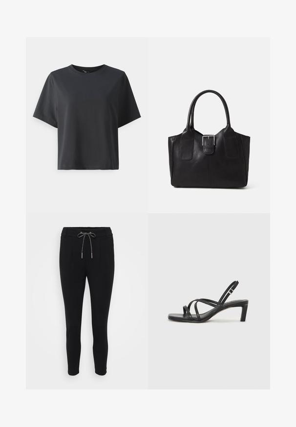 Schwarzes Baumwoll-T-Shirt, kurze Ärmel, Rundhalsausschnitt, lässige Passform, glatte Textur, einfaches Design, keine Muster oder Akzente.; Schwarze tapered Hose mit einem Kordelzugbund, ausgestattet mit zwei Fronttaschen und einer glatten, dehnbaren Stoffstruktur.; Schwarze Sandale mit Riemchen, quadratischer Zehenform und niedrigem Blockabsatz. Verfügt über mehrere dünne Riemen und einen verstellbaren Knöchelriemen. Hergestellt aus glattem Leder.; Schwarze Leder-Tote mit glatter Textur, strukturiertem Design, zwei Griffen und einem auffälligen silbernen Schnallen-Detail auf der Vorderseite.