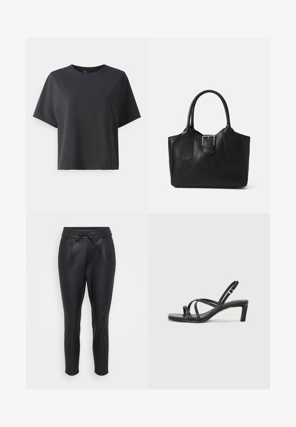 Crna pamučna majica, kratki rukavi, okrugli izrez, opušteni kroj, glatka tekstura, jednostavan dizajn, bez uzoraka ili naglasaka.; Crne, hlače od umjetne kože s elastičnim pojasom, prednjim nabora i vezicom za zatvaranje. Uski kroj s glatkom teksturom.; Crne sandale s trakama, kvadratnim prstom i niskom blok petom. Ima više tankih trakica i podesivu trakicu oko gležnja. Izrađene su od glatke kože.; Crna kožna torba za nošenje s glatkom teksturom, strukturiranim oblikom, dvije ručke i istaknutim srebrnim kopčanjem na prednjoj strani.