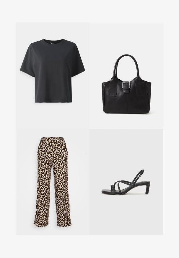 Black cotton t-shirt, short sleeves, crew neck, relaxed fit, smooth texture, simple design, no patterns or accents.; Leopard print wide-leg pants in a beige and black color scheme. Soft fabric, featuring a classic animal pattern and elastic waistband.; Black strappy sandal with a square toe and a low block heel. Features multiple thin straps and an adjustable ankle strap. Made of smooth leather.; Black leather tote bag with smooth texture, structured shape, two handles, and a prominent silver buckle detail on the front.