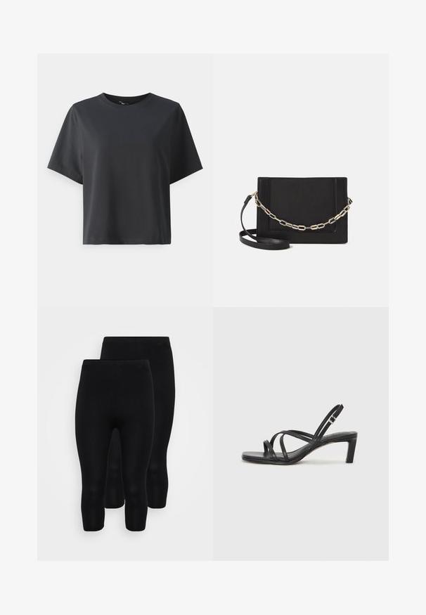 Mustat puuvillapaita, lyhyet hihat, pyöreä kaula-aukko, rento istuvuus, sileä pinta, yksinkertainen muotoilu, ilman kuvioita tai koristeita.; Musta venyvä trikoo, jossa saumaton muotoilu, keskipitkä pituus, sileä pinta ja joustava vyötärölaulu mukavuutta varten.; Mustat hihnalligat, joissa on neliön muotoinen kärki ja matala lohkokorko. Ominaisuuksiin kuuluu useita ohuita hihnoja ja säädettävä nilkkahihna. Valmistettu sileästä nahasta.; Musta nahkainen olkalaukku, jossa on sileä pinta, suorakulmainen muoto ja metalliketju yksityiskohtana edessä. Mukana säädettävä hihna.; Hopeinen kaksinkertainen rengas, jossa on sileä, kiillotettu pinta. Siinä on sulava, kaareva muotoilu, jossa on päällekkäisiä osia modernin ilmeen saavuttamiseksi.