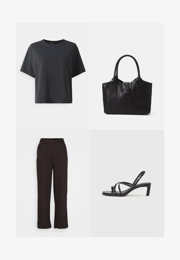 Black cotton t-shirt, short sleeves, crew neck, relaxed fit, smooth texture, simple design, no patterns or accents.; Black wide-leg pants made from textured fabric with a pleated design. Features an elastic waistband and side pockets.; Black strappy sandal with a square toe and a low block heel. Features multiple thin straps and an adjustable ankle strap. Made of smooth leather.; Black leather tote bag with smooth texture, structured shape, two handles, and a prominent silver buckle detail on the front.