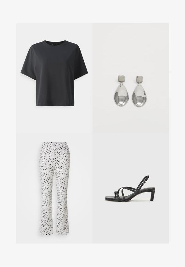 Zwarte katoenen t-shirt, korte mouwen, ronde hals, losse pasvorm, gladde textuur, eenvoudig ontwerp, geen patronen of accenten.; Witte broek met zwarte stippen, voorzien van een flare ontwerp en een elastische tailleband. Gemaakt van lichtgewicht, gestructureerde stof.; Zwarte sandaal met bandjes, vierkante teen en een lage blokhak. Voorzien van meerdere dunne bandjes en een verstelbare enkelband. Gemaakt van zacht leer.; Zilveren druppeloorbellen met een vierkante stud, voorzien van een gladde, gepolijste afwerking en een druppelvorm, die het licht weerspiegelt met een glanzend oppervlak.