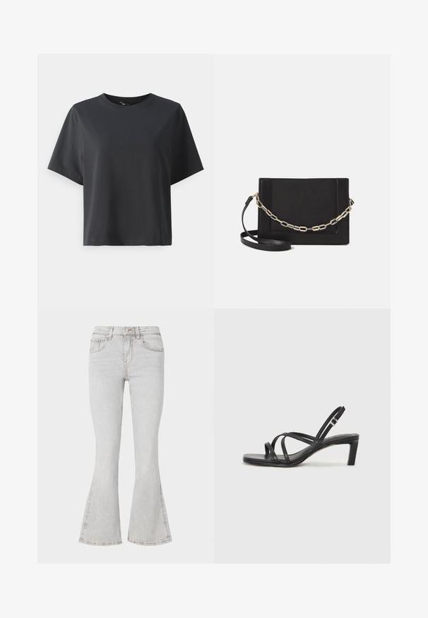 Must musträtik, lühikesed varrukad, ümar kaelus, vabalt lõigatud, sile tekstuur, lihtne disain, ilma mustrite või aksessuaarideta.; Heledad hallide flared teksapüksid klassikalise viie taskuga disainiga, kitsas sobivus reieosas ja laienevad sääreotsad.; Mustast rihmajalatsid ruudukujulise varba ja madala ploki kontsaga. Omab mitmeid õhukesi rihmasid ja reguleeritavat pahkluu rihma. Valmistatud siledast nahast.; Mustast nahast õlakott, mis omab siledat tekstuuri, ristküliku kuju ning esiküljel metallketi detaili. Reguleeritav rihm on kaasas.