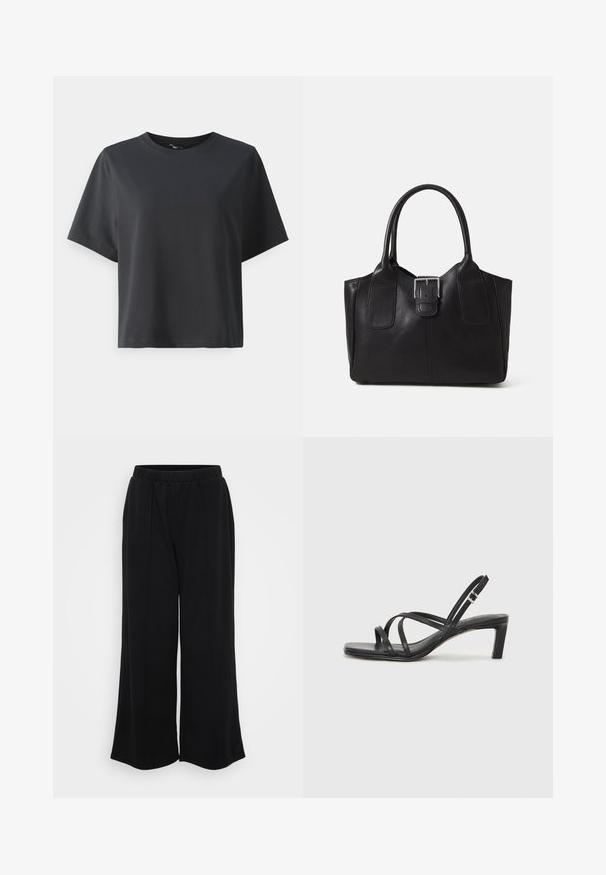 Μαύρη βαμβακερή μπλούζα, κοντά μανίκια, στρογγυλή λαιμόκοψη, χαλαρή εφαρμογή, λεία υφή, απλός σχεδιασμός, χωρίς μοτίβα ή διακοσμητικά.; Μαύρο παντελόνι σε ίσια γραμμή με απαλή υφή, ελαστική μέση και πτυχώσεις μπροστά. Απλός σχεδιασμός χωρίς εμφανή μοτίβα ή αξεσουάρ.; Μαύρη σανδάλι με λουράκια και τετράγωνη μύτη, καθώς και χαμηλό μπλοκ τακούνι. Διαθέτει πολλαπλά λεπτά λουράκια και ρυθμιζόμενο λουράκι στον αστράγαλο. Κατασκευασμένο από λείο δέρμα.; Μαύρη δερμάτινη τσάντα tote με λείο υφή, δομημένο σχήμα, δύο λαβές και επιφανές ασημένιο κούμπωμα μπροστά.