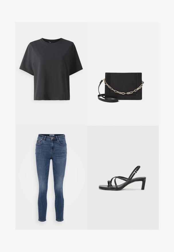 Tricou negru din bumbac, mâneci scurte, guler rotund, croială lejeră, textură netedă, design simplu, fără modele sau accente.; Jeans skinny de un albastru închis, fabricate din denim cu o textură netedă, design cu cinci buzunare și detalii cu buton din cupru la talie.; Sandal cu barete negre, cu vârf pătrat și toc mic de bloc. Prezintă mai multe barete subțiri și o bareta ajustabilă la gleznă. Fabricat din piele netedă.; Geantă de umăr din piele neagră, cu o textură netedă, formă rectangulară și un detaliu din lanț metalic în față. Include curea reglabilă.