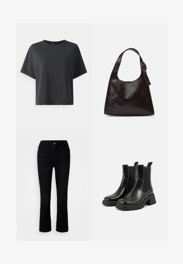 Black cotton t-shirt, short sleeves, crew neck, relaxed fit, smooth texture, simple design, no patterns or accents.; ONLY Petite ONLEVERLY SWEET FLARED - Bootcut jeans - washed black; Black leather Chelsea boots with a chunky heel, elastic side panels, and contrasting white stitching. Textured finish.; Brown leather shoulder bag with a smooth texture, rounded shape, wide strap, and circular metallic accent on the handle.