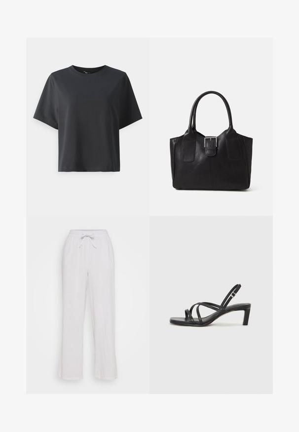 Black cotton t-shirt, short sleeves, crew neck, relaxed fit, smooth texture, simple design, no patterns or accents.; White linen pants with a drawstring waist, featuring a relaxed fit and straight leg design. Smooth texture, no visible patterns or accents.; Black strappy sandal with a square toe and a low block heel. Features multiple thin straps and an adjustable ankle strap. Made of smooth leather.; Black leather tote bag with smooth texture, structured shape, two handles, and a prominent silver buckle detail on the front.