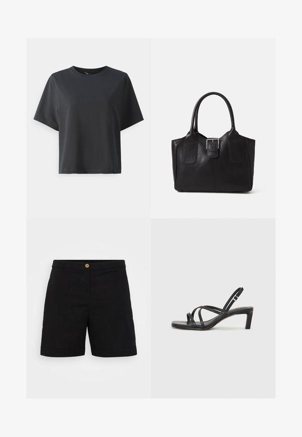 Svart bomull T-skjorte, korte ermer, rund hals, avslappet passform, jevn tekstur, enkel design, ingen mønstre eller aksenter.; Svart linshorts med et strømlinjeformet design, som har en enkelt treknapp i midjen og oppbrett på kanten. Smoother tekstur med sidelommer.; Sorte sandaler med stropper, firkantet tå og lav blokk hæl. Har flere tynne stropper og en justerbar ankelstropp. Laget av glatt lær.; Svart skinn toteveske med jevn tekstur, strukturert form, to håndtak og en fremtredende sølvspenne foran.