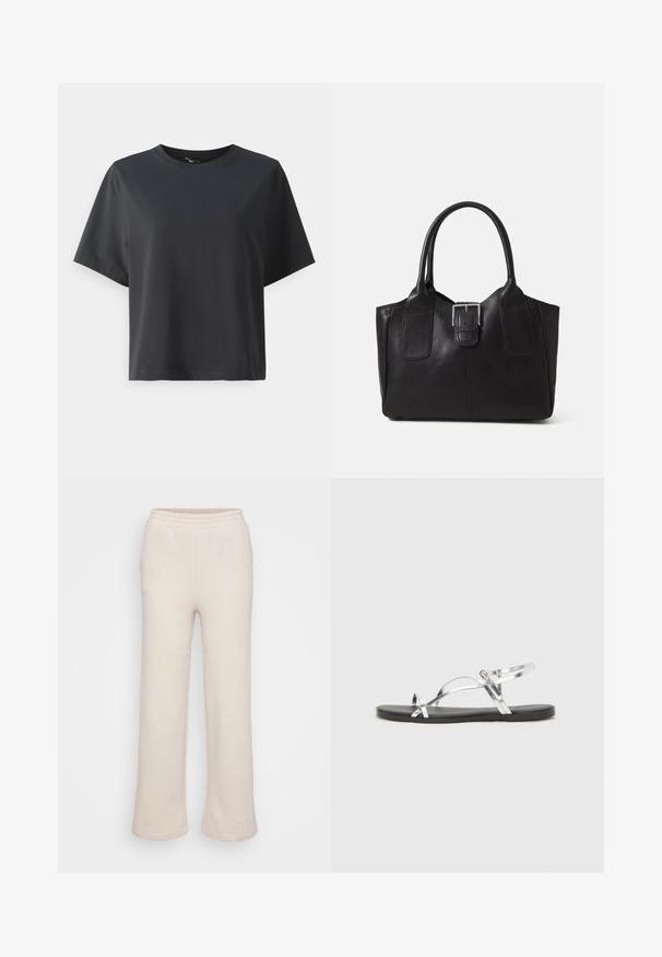 Tricou negru din bumbac, mâneci scurte, guler rotund, croială lejeră, textură netedă, design simplu, fără modele sau accente.; Pantaloni de trening bej cu un design cu picior larg, confecționați dintr-un material moale. Prezintă un brâu elastic și detalii pe laturi. Textură netedă.; Sandale metalice argintii cu un design minimal, având curele subțiri și o talpă plată neagră. Printre elementele de atracție se numără accentele cu curele încrucișate.; Geantă tote din piele neagră cu textură netedă, formă structurată, două mânere și un detaliu proeminent din aliaj de argint pe partea din față.