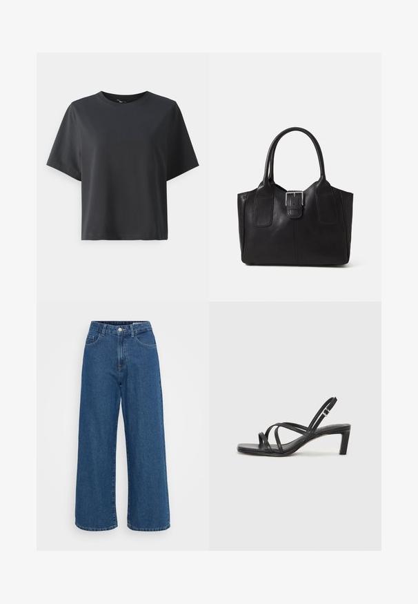 Juodas medvilnės marškinėliai, trumpomis rankovėmis, apvaliu kaklu, laisvas kirpimas, lygus paviršius, paprastas dizainas, be raštų ar akcentų.; Plačios kojų mėlynos džinsinės kelnės su aukštu liemeniu, turinčios priekinį mygtuko uždarymą, keturias kišenes ir švelnų paviršių.; Juodi šlepetės su kvadratiniu pirštu ir žemu bloku kulnu. Yra keli ploni dirželiai ir reguliuojamas kulkšnies diržas. Pagaminti iš lygios odos.; Juodas odinis nešiojamas krepšys su lygiu paviršiumi, struktūrine forma, dviem rankenėlėmis ir ryškiu sidabriniu sagties akcentu priekyje.