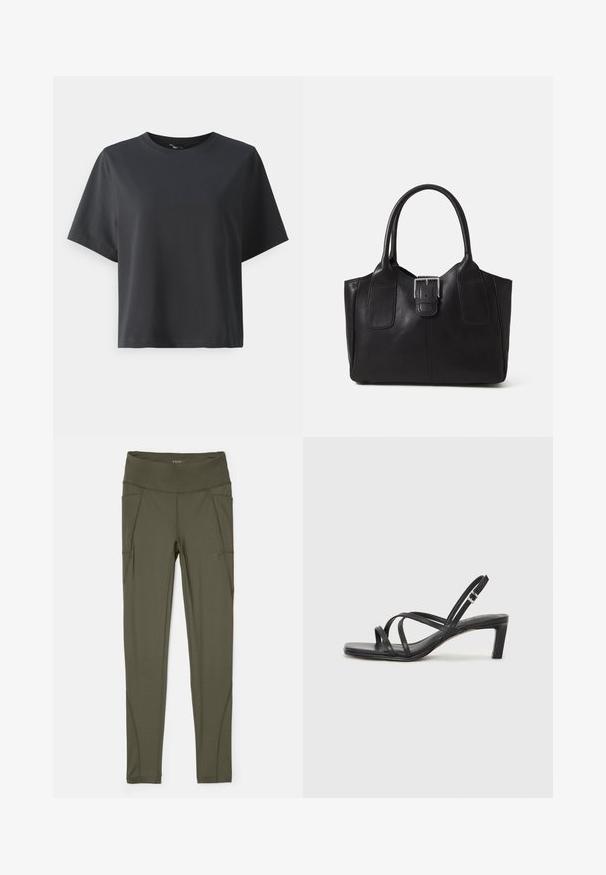 T-shirt en coton noir, à manches courtes, col ras du cou, coupe décontractée, texture lisse, design simple, sans motifs ni accents.; Leggings vert olive fabriqués en tissu extensible, avec une taille haute, des poches latérales et des coutures sans couture pour une apparence lisse.; Sandale noire à lanières avec un bout carré et un petit talon bloc. Elle présente plusieurs fines lanières et une sangle de cheville ajustable. Fabriquée en cuir lisse.; Sac fourre-tout en cuir noir avec une texture lisse, une forme structurée, deux poignées et un détail en boucle argentée proéminent à l'avant.