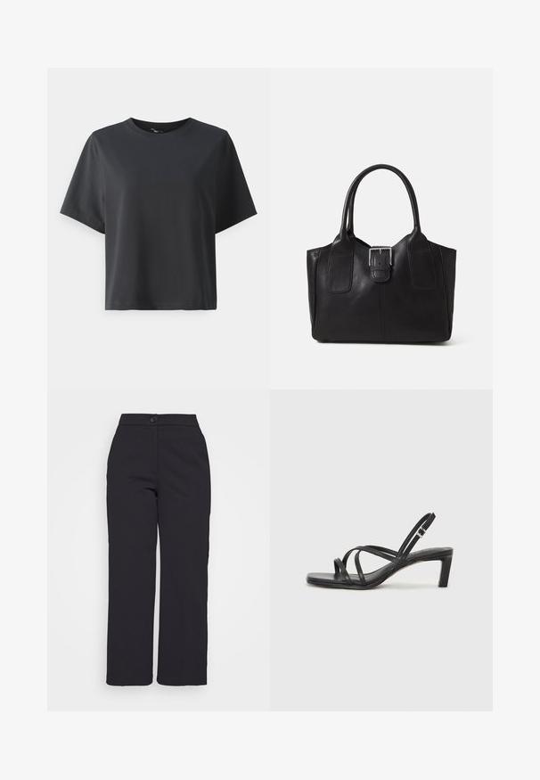 Black cotton t-shirt, short sleeves, crew neck, relaxed fit, smooth texture, simple design, no patterns or accents.; Black wide-leg trousers made of smooth fabric, featuring a button closure and a clean, tailored design without visible pockets.; Black strappy sandal with a square toe and a low block heel. Features multiple thin straps and an adjustable ankle strap. Made of smooth leather.; Black leather tote bag with smooth texture, structured shape, two handles, and a prominent silver buckle detail on the front.