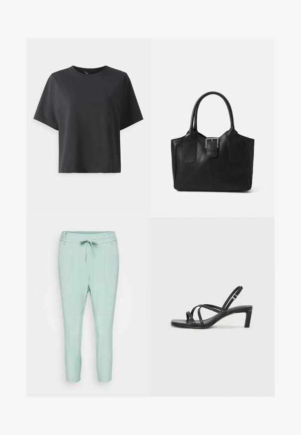 Svart bomull T-skjorte, korte ermer, rund hals, avslappet passform, jevn tekstur, enkel design, ingen mønstre eller aksenter.; Lys mynte grønn bukser med elastisk midje, snorforbindelse og to frontlommer. Glatt stoff med en innsmalende ben design.; Sorte sandaler med stropper, firkantet tå og lav blokk hæl. Har flere tynne stropper og en justerbar ankelstropp. Laget av glatt lær.; Svart skinn toteveske med jevn tekstur, strukturert form, to håndtak og en fremtredende sølvspenne foran.