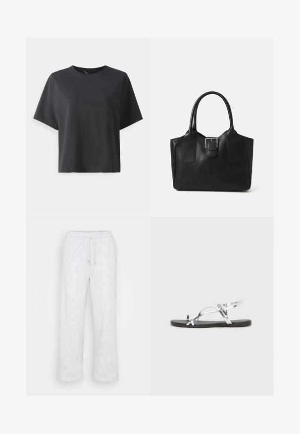 Svart bomullströja, korta ärmar, rund hals, avslappnad passform, slät textur, enkel design, inga mönster eller detaljer.; Ljusgrå bomullsbyxor med elastisk midja och dragsko, rak benform, utan synliga logotyper eller mönster.; Silverfärgade metalliska sandaler med en minimalistisk design, som har tunna remmar och en svart platt sula. Höjdpunkter inkluderar korsremmar.; Svart läder tote-väska med slät yta, strukturerad form, två handtag och en framträdande silverfärgad spänne på framsidan.; Silver ring med dubbel band och en slät, polerad yta. Har en flödande, böjd design med överlappande sektioner för en modern stil.