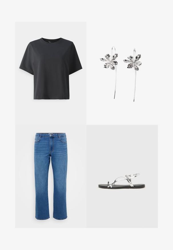 Svart bomull T-skjorte, korte ermer, rund hals, avslappet passform, jevn tekstur, enkel design, ingen mønstre eller aksenter.; Blå denimjeans med rett benklipp, med knapplukking, klassisk fem-lomme design og subtil falmet tekstur på lårene.; Sølvfargede metall sandaler med et minimalistisk design, som har tynne stropper og en sort flat såle. Fremhevingene inkluderer kryssremmer.; Sølvblomstformede ørevipper med en teksturfinish, der har lange kroker og kronbladlignende detaljer for et intrikat design.