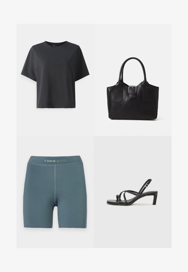 Mustat puuvillapaita, lyhyet hihat, pyöreä kaula-aukko, rento istuvuus, sileä pinta, yksinkertainen muotoilu, ilman kuvioita tai koristeita.; Vaaleansiniset aktiivishortsit, joissa on sileä pinta, reiden puoliväliin asti ulottuva pituus ja logo vyötäröllä; sisältää vahvistetut saumat.; Mustat hihnalligat, joissa on neliön muotoinen kärki ja matala lohkokorko. Ominaisuuksiin kuuluu useita ohuita hihnoja ja säädettävä nilkkahihna. Valmistettu sileästä nahasta.; Musta nahkainen olkalaukku, jossa on sileä pinta, ryhdikäs muoto, kaksi kahvaa ja silmienpistävä hopeinen solkiyksityiskohta edessä.