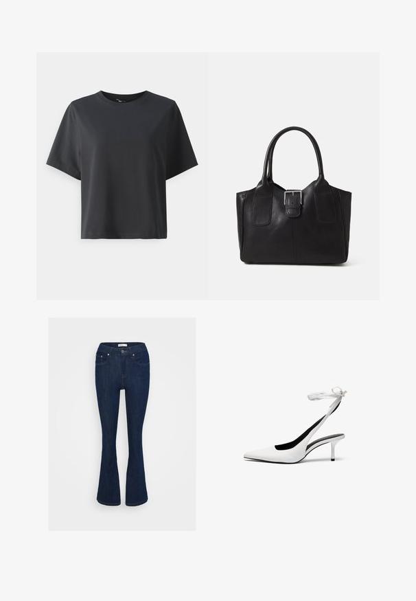 Melnas kokvilnas t-krekls, īsām piedurknēm, apaļš kakls, brīvs piegriezums, gluda tekstūra, vienkāršs dizains, bez rakstiem vai akcentiem.; Tumši zili džinsi ar zvana formas lutinājumu un klasisku piecu kabatu dizainu, metāla pogu aizdari un izšuvumus uz kabatām.; Baltas, ar norādītu pirkstu, ar siksniņu ap potīti. Gluda ādas virsma, plāns stiletto papēdis un melna iekšējā oderējums.; Melnas ādas somiņa ar gludu tekstūru, strukturētu formu, divām rokturām un izteiktu sudraba sprādzi priekšpusē.