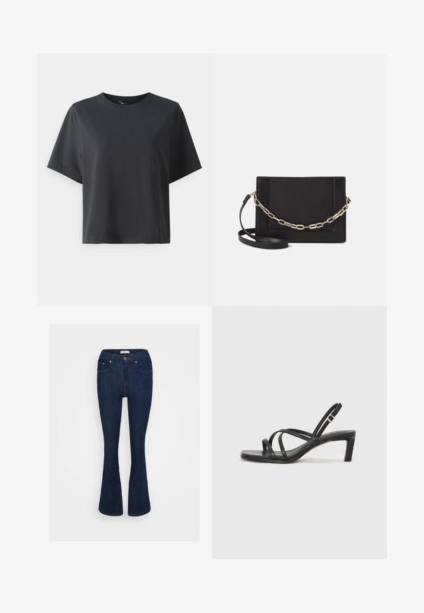 Svart bomull T-skjorte, korte ermer, rund hals, avslappet passform, jevn tekstur, enkel design, ingen mønstre eller aksenter.; Mørkeblå denimbukser med bred bunn og klassisk fem-lommer design, metallknapplukking og sømdetaljer på lommene.; Sorte sandaler med stropper, firkantet tå og lav blokk hæl. Har flere tynne stropper og en justerbar ankelstropp. Laget av glatt lær.; Svart lær crossbody-veske med glatt tekstur, rektangulær form og metallkjede detaljer på framsiden. Justerbar stroppe inkludert.