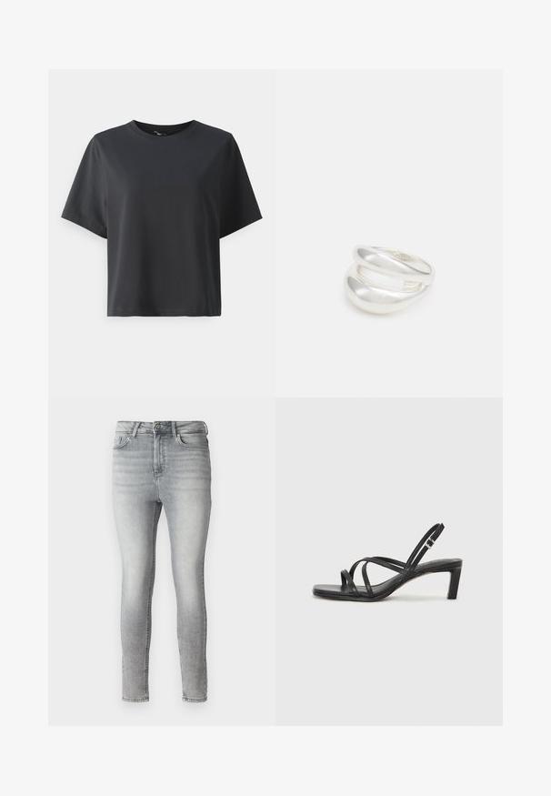 Črna bombažna majica, kratki rokavi, krojeni ovratnik, sproščenega kroja, gladka tekstura, preprost dizajn, brez vzorcev ali dodatkov.; Sive usnjene skinny kavbojke z gladko teksturo, zasnovo s petimi žepi in z gumbom ter zadrgo v predelu pasu. Oblečene z zbledelim videzom po celotni dolžini.; Črne natikače s trakovi in kvadratnim prstom ter nizkim blokastim peto. Imajo več tankih trakov in nastavljiv trak okoli gležnja. Narejene so iz gladkega usnja.; Srebrn dvojni prstan z gladko, polirano površino. Ima tekoč, ukrivljen dizajn z prekrivajočimi se sekcijami za sodoben videz.