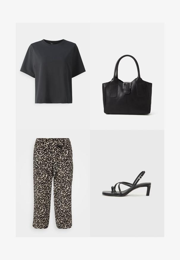 Črna bombažna majica, kratki rokavi, krojeni ovratnik, sproščenega kroja, gladka tekstura, preprost dizajn, brez vzorcev ali dodatkov.; Hlače s leopardjim vzorcem, izdelane iz mehke tkanine, širokih hlačnic in pasom za privezovanje. Vzorec sestavljajo črna mesta na bež ozadju.; Črne natikače s trakovi in kvadratnim prstom ter nizkim blokastim peto. Imajo več tankih trakov in nastavljiv trak okoli gležnja. Narejene so iz gladkega usnja.; Črna usnjena torba s gladko teksturo, strukturirano obliko, dvema ročkama in izrazitim srebrnim sponko na sprednji strani.