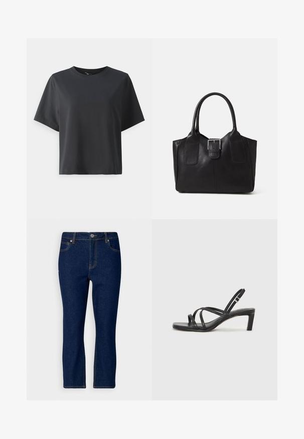T-shirt de algodão preto, mangas curtas, gola redonda, corte descontraído, textura suave, design simples, sem padrões ou detalhes.; Jeans de denim azul escuro com corte reto, apresentando fechamento por botão, cinco bolsos e costura em contraste ao longo das costuras.; Sandal de tiras pretas com biqueira quadrada e um pequeno salto bloco. Apresenta várias tiras finas e uma tira no tornozelo ajustável. Feito de couro liso.;  Bolsa tote de couro preta com textura suave, forma estruturada, duas alças e um destaque prateado proeminente na parte da frente.