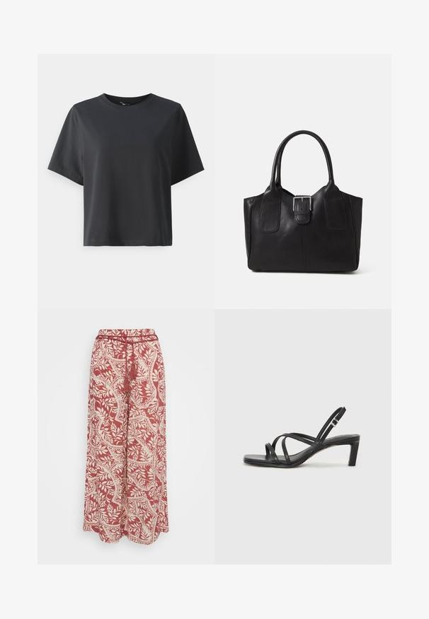 Juodas medvilnės marškinėliai, trumpomis rankovėmis, apvaliu kaklu, laisvas kirpimas, lygus paviršius, paprastas dizainas, be raštų ar akcentų.; Vero Moda Petite VMBALI WIDE PANTS - Kelnės - marsala; Juodi šlepetės su kvadratiniu pirštu ir žemu bloku kulnu. Yra keli ploni dirželiai ir reguliuojamas kulkšnies diržas. Pagaminti iš lygios odos.; Juodas odinis nešiojamas krepšys su lygiu paviršiumi, struktūrine forma, dviem rankenėlėmis ir ryškiu sidabriniu sagties akcentu priekyje.