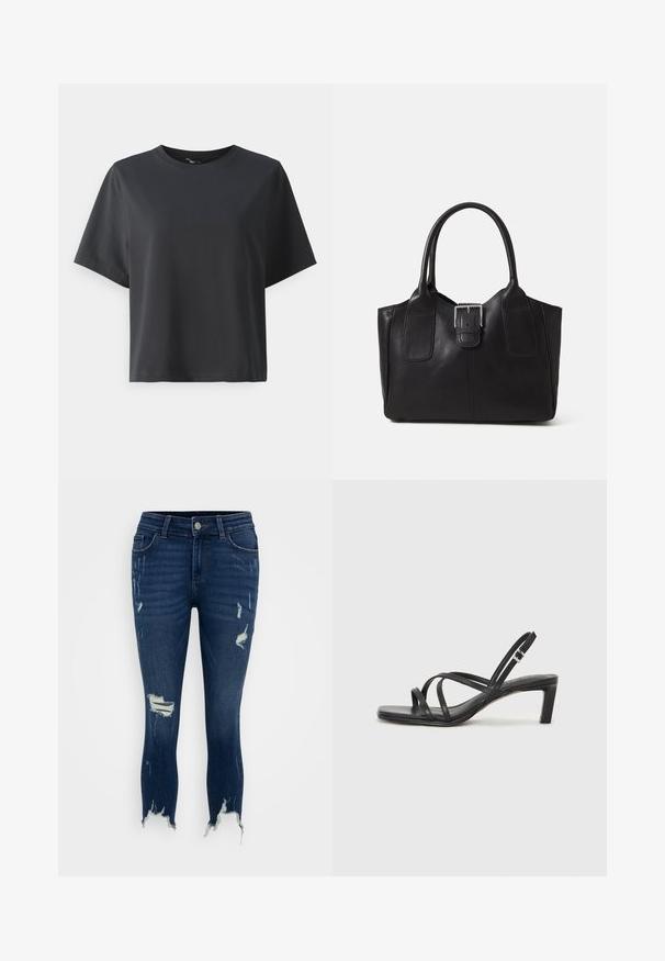 Μαύρη βαμβακερή μπλούζα, κοντά μανίκια, στρογγυλή λαιμόκοψη, χαλαρή εφαρμογή, λεία υφή, απλός σχεδιασμός, χωρίς μοτίβα ή διακοσμητικά.; Σκούρο μπλε τζιν παντελόνι με φθορές και στενή εφαρμογή, διαθέτοντας φθαρμένα τελειώματα και πολλές τρύπες στο μπροστινό μέρος για μια ανθεκτική εμφάνιση.; Μαύρη σανδάλι με λουράκια και τετράγωνη μύτη, καθώς και χαμηλό μπλοκ τακούνι. Διαθέτει πολλαπλά λεπτά λουράκια και ρυθμιζόμενο λουράκι στον αστράγαλο. Κατασκευασμένο από λείο δέρμα.; Μαύρη δερμάτινη τσάντα tote με λείο υφή, δομημένο σχήμα, δύο λαβές και επιφανές ασημένιο κούμπωμα μπροστά.