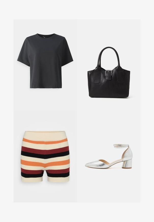 T-shirt di cotone nero, maniche corte, collo a giro, vestibilità comoda, texture liscia, design semplice, senza motivi o dettagli.; Pantaloni shorts a maglia con righe orizzontali in crema, arancione, rosso, nero e borgogna, caratterizzati da una texture morbida e una vita aderente.; Scarpa silver metallic con punta affilata, tacco basso a blocco e cinturino alla caviglia con fibbia su sfondo bianco.; Borsa tote in pelle nera con texture liscia, forma strutturata, due manici e un evidente dettaglio in fibbia argentata sul davanti.