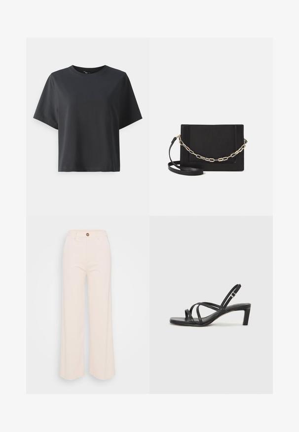 Camiseta de algodón negra, de manga corta, cuello redondo, corte relajado, textura suave, diseño simple, sin patrones ni acentos.; Pantalones de pierna ancha en suave tejido crema, con cintura alta, cierre de un botón y detalles de costura mínimos.; Sandalia negra de tiras con punta cuadrada y tacón bajo de bloque. Presenta múltiples tiras delgadas y una correa ajustable en el tobillo. Fabricada en cuero suave.; Bolso cruzado de piel negra con textura suave, forma rectangular y un detalle de cadena metálica en el frente. Incluye una correa ajustable.