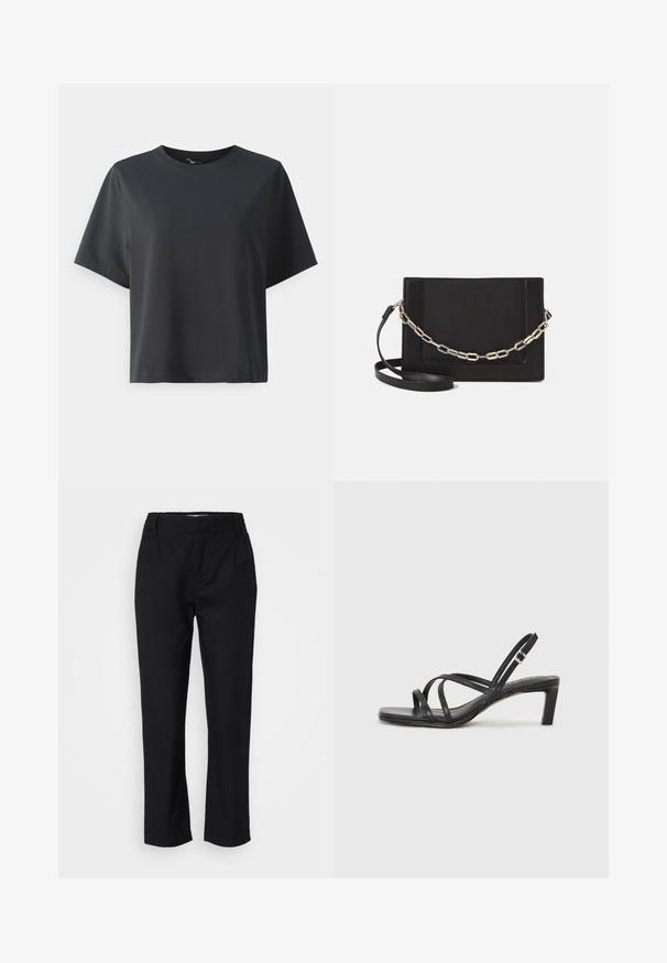 Mustat puuvillapaita, lyhyet hihat, pyöreä kaula-aukko, rento istuvuus, sileä pinta, yksinkertainen muotoilu, ilman kuvioita tai koristeita.; Mustat housut sileästä kankaasta, suoranlahkeinen leikkaus, etupleatsit ja joustava vyötärö mukavuutta varten. Ei näkyviä kiinnityksiä.; Mustat hihnalligat, joissa on neliön muotoinen kärki ja matala lohkokorko. Ominaisuuksiin kuuluu useita ohuita hihnoja ja säädettävä nilkkahihna. Valmistettu sileästä nahasta.; Musta nahkainen olkalaukku, jossa on sileä pinta, suorakulmainen muoto ja metalliketju yksityiskohtana edessä. Mukana säädettävä hihna.