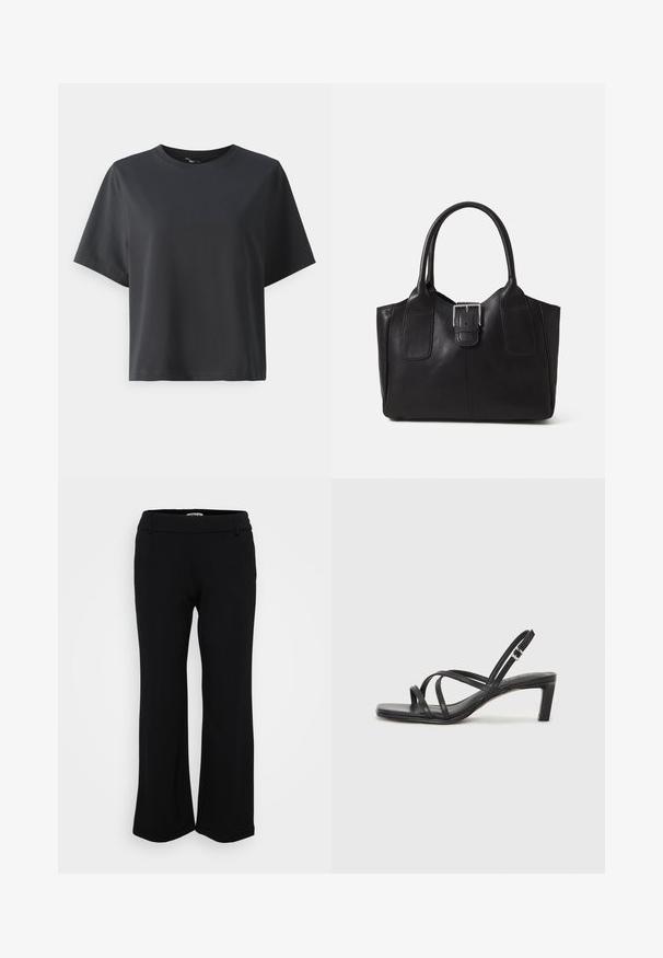 Black cotton t-shirt, short sleeves, crew neck, relaxed fit, smooth texture, simple design, no patterns or accents.; Black, wide-leg pants made of soft, stretchy fabric. Features a smooth waistband with belt loops and hemmed edges. Simple and versatile design.; Black strappy sandal with a square toe and a low block heel. Features multiple thin straps and an adjustable ankle strap. Made of smooth leather.; Black leather tote bag with smooth texture, structured shape, two handles, and a prominent silver buckle detail on the front.