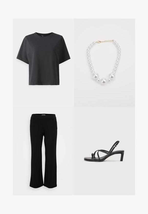 Black cotton t-shirt, short sleeves, crew neck, relaxed fit, smooth texture, simple design, no patterns or accents.; Black, wide-leg pants made of soft, stretchy fabric. Features a smooth waistband with belt loops and hemmed edges. Simple and versatile design.; Black strappy sandal with a square toe and a low block heel. Features multiple thin straps and an adjustable ankle strap. Made of smooth leather.; White pearl necklace featuring varied sizes of glossy round pearls with a gold lobster clasp and adjustable chain.