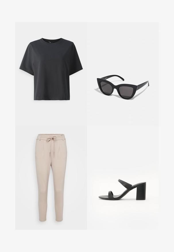 Black cotton t-shirt, short sleeves, crew neck, relaxed fit, smooth texture, simple design, no patterns or accents.; Beige trousers made from soft fabric, featuring a drawstring waistband, front pleats, and tapered legs. Smooth texture with no visible patterns.; Black high-heeled sandal featuring two sleek straps, a wide block heel, and a smooth matte finish, designed for comfort and stability.; Black cat-eye sunglasses with a matte finish, featuring gray tinted lenses, sharp angles, and sleek side arms. Brand name visible on the inner arm.