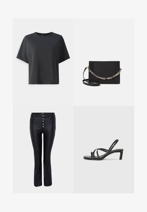 Must musträtik, lühikesed varrukad, ümar kaelus, vabalt lõigatud, sile tekstuur, lihtne disain, ilma mustrite või aksessuaarideta.; Mustad flared teksad, millel on narmendav disain ja mis on valmistatud siledast materjalist. Omab viit hõbedast nupulukku ning ees on taskud.; Mustast rihmajalatsid ruudukujulise varba ja madala ploki kontsaga. Omab mitmeid õhukesi rihmasid ja reguleeritavat pahkluu rihma. Valmistatud siledast nahast.; Mustast nahast õlakott, mis omab siledat tekstuuri, ristküliku kuju ning esiküljel metallketi detaili. Reguleeritav rihm on kaasas.